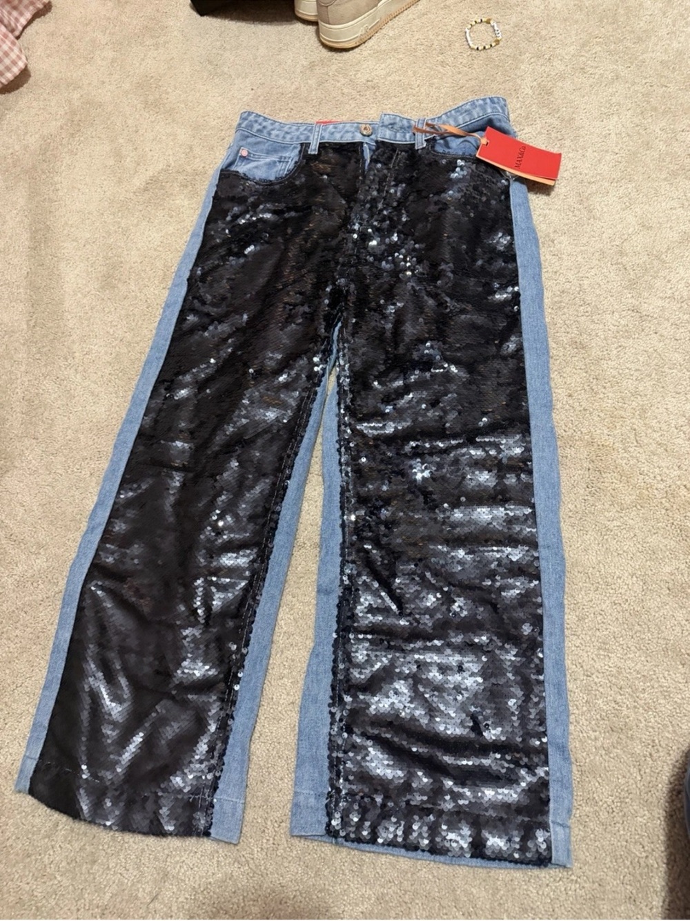 Max & Co. Black Sequin Wide-Leg Jeans with Light Blue Denim Trim